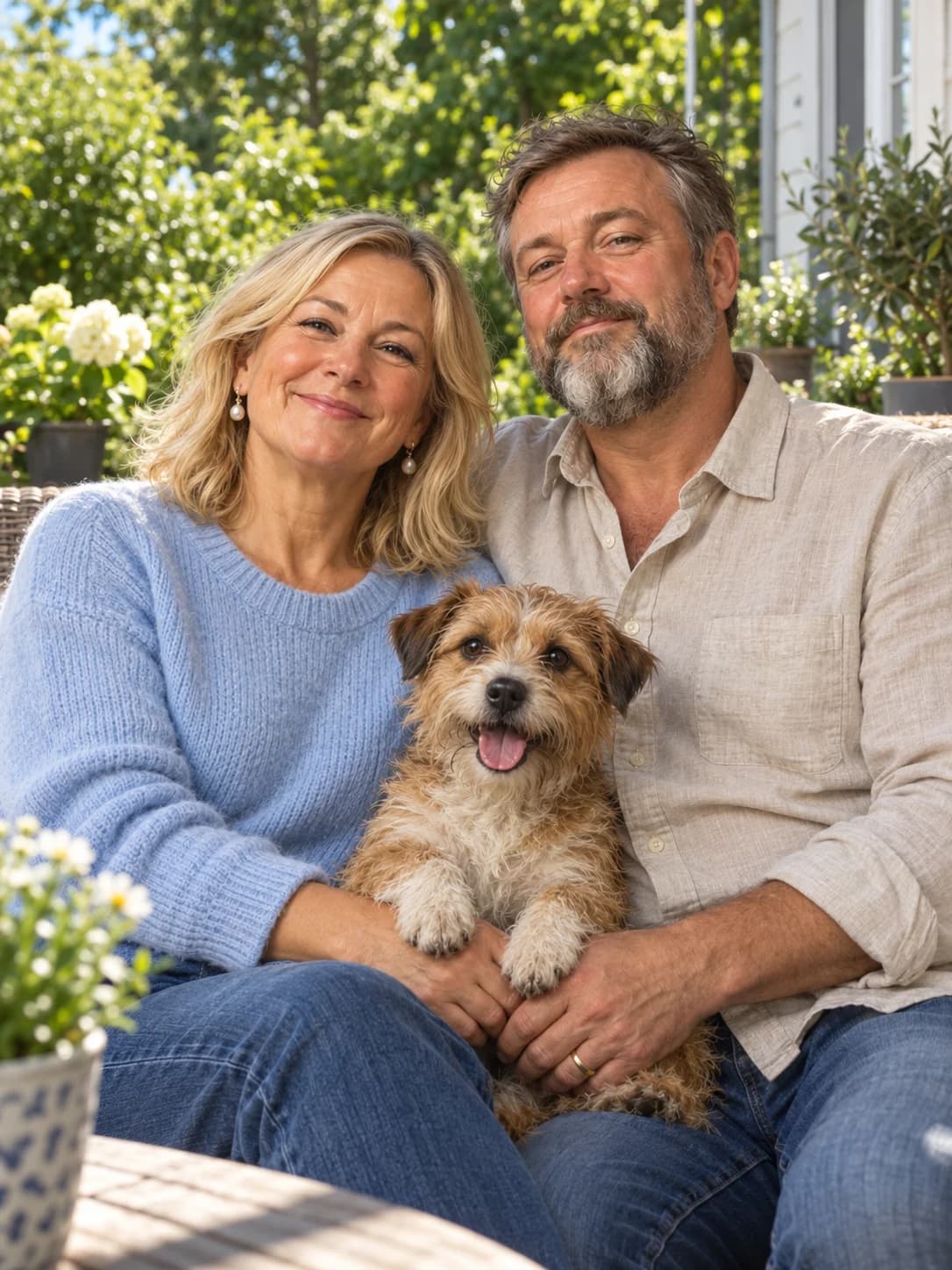 The same couple and their dog in everyday clothes