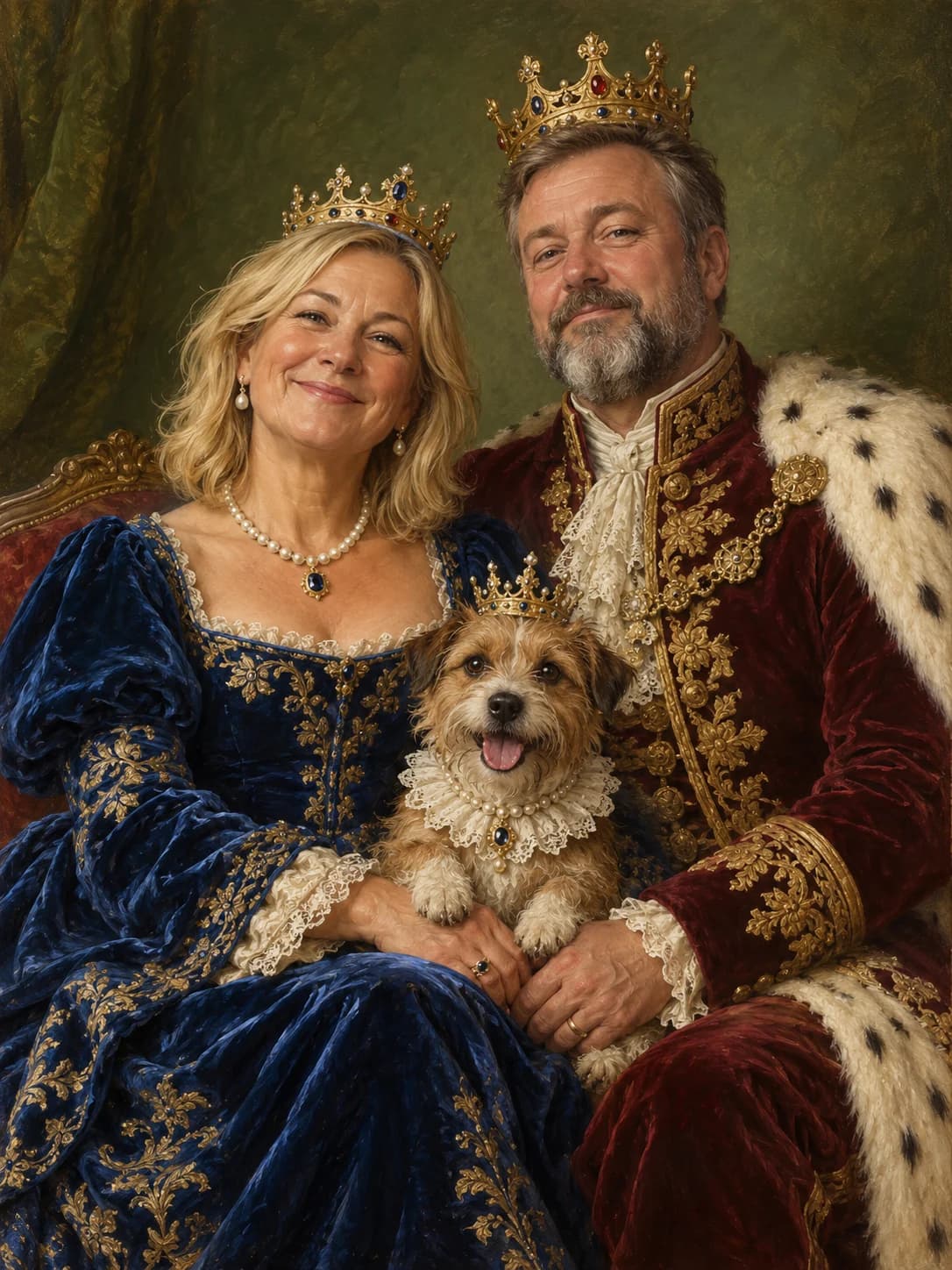 A couple and their dog as royalty in a playful oil painting
